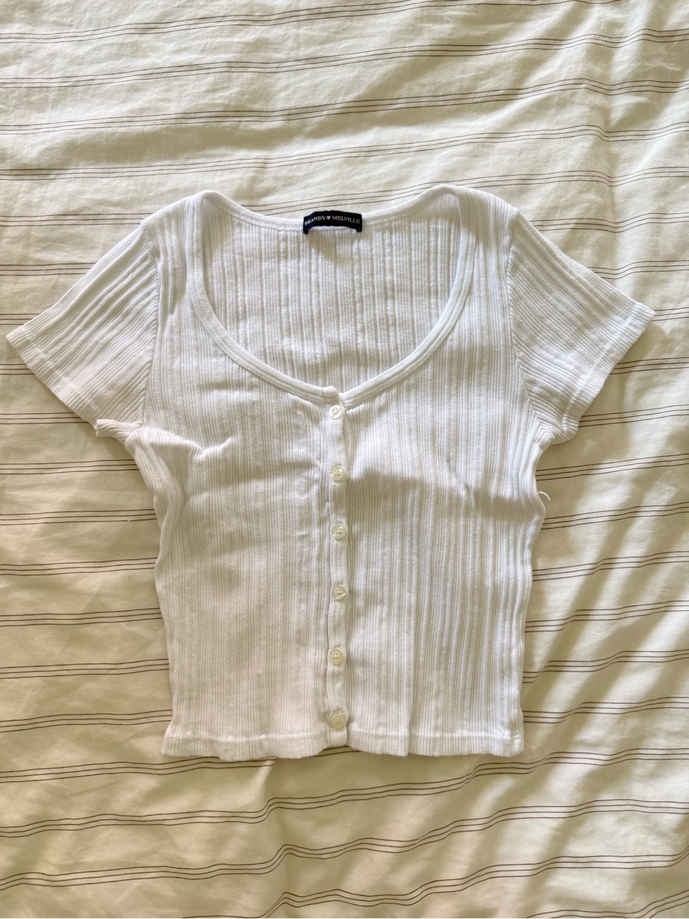 Brandy Melville White Ribbed Cotton Button Down T-Shirt